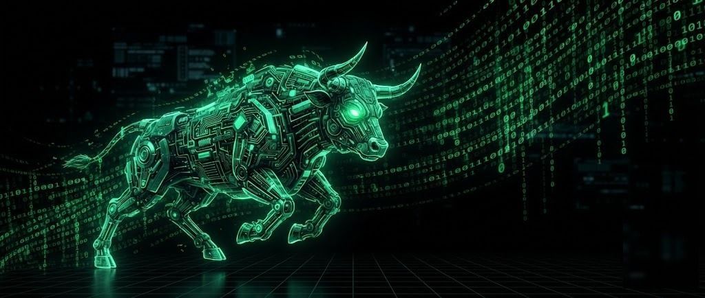 A cybernetic bull built from glowing green circuitry charging through a corridor of binary code