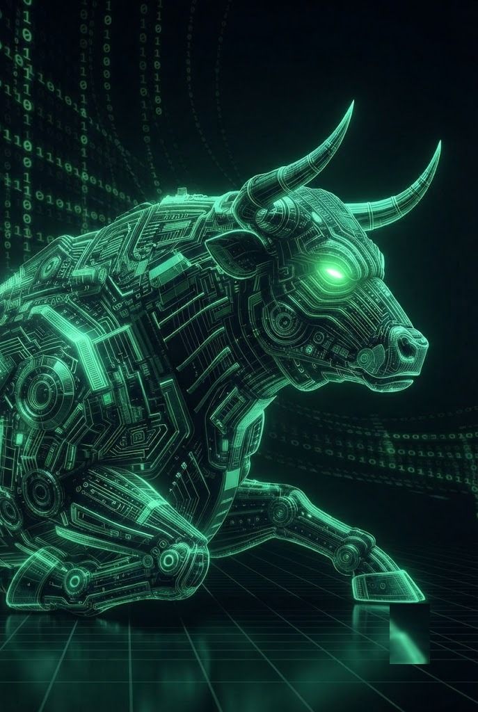 A leaping cybernetic bull rendered in glowing green circuitry against a wall of falling binary code